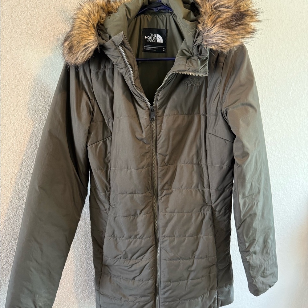 The North Face Green Puffer Jacket with Faux Fur Hood